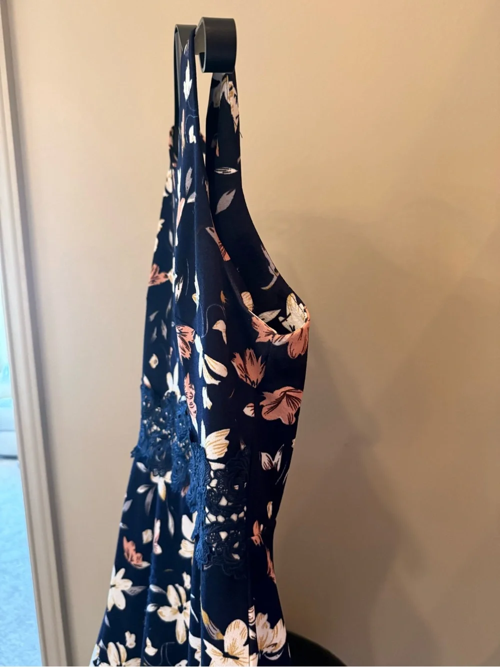 Navy Sleeveless Floral Midi Dress with Lace Waist - Picture 4 of 11